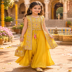 Girls Premium Embroidered Jacket Palazzo Set with Potli Bag